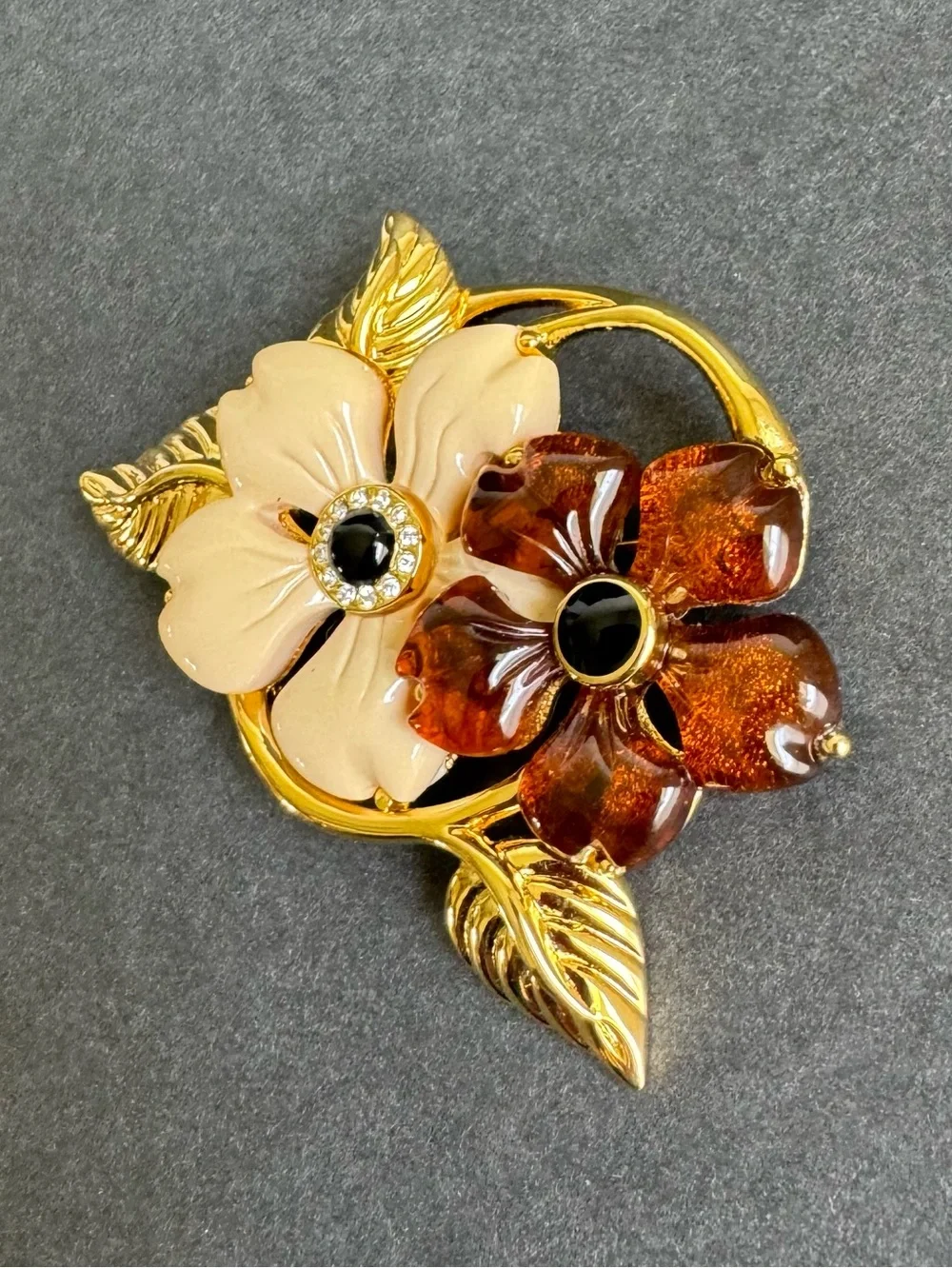Vintage Flower Brooch Gold Tone Faux Tortoise Shell Lucite Rhinestone Pin - Picture 4 of 8